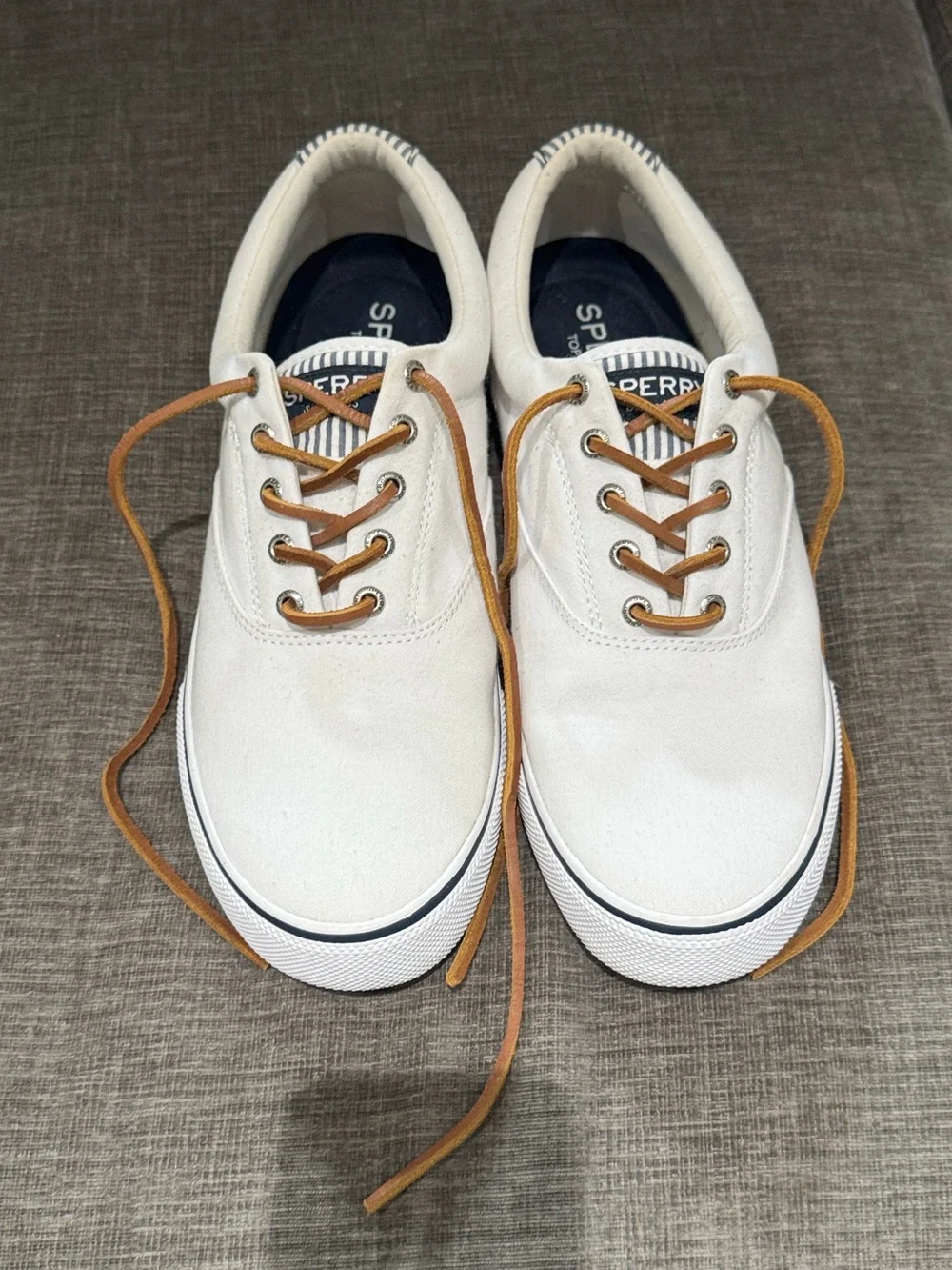 Sperry Top-Sider Men’s White Canvas Boat Shoes with Brown Rawhide Laces